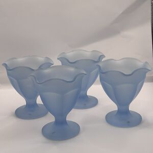Vintage Indiana Glass Co Frosted Blue Sundae Dishes Fountainware line Cups set 4
